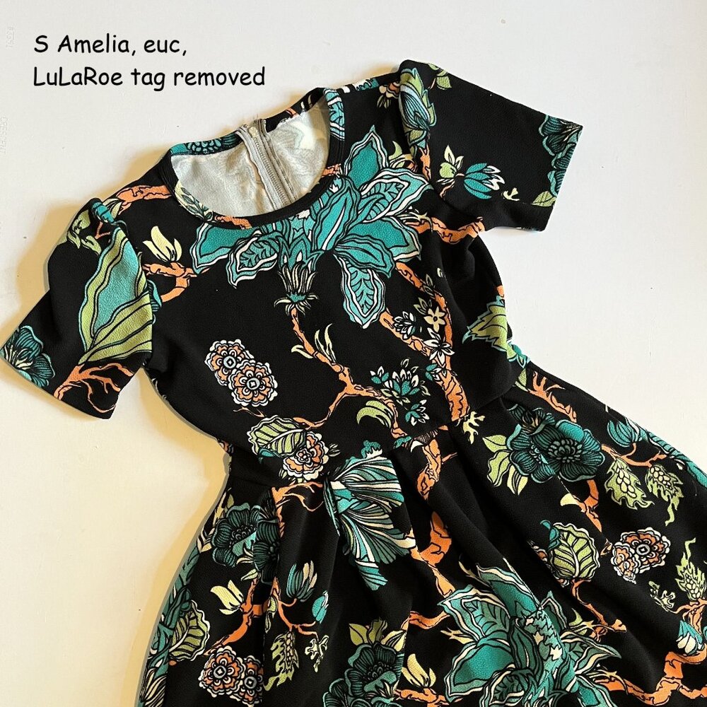 Small Lularoe Amelia zippered dress, black with green and blue flowers